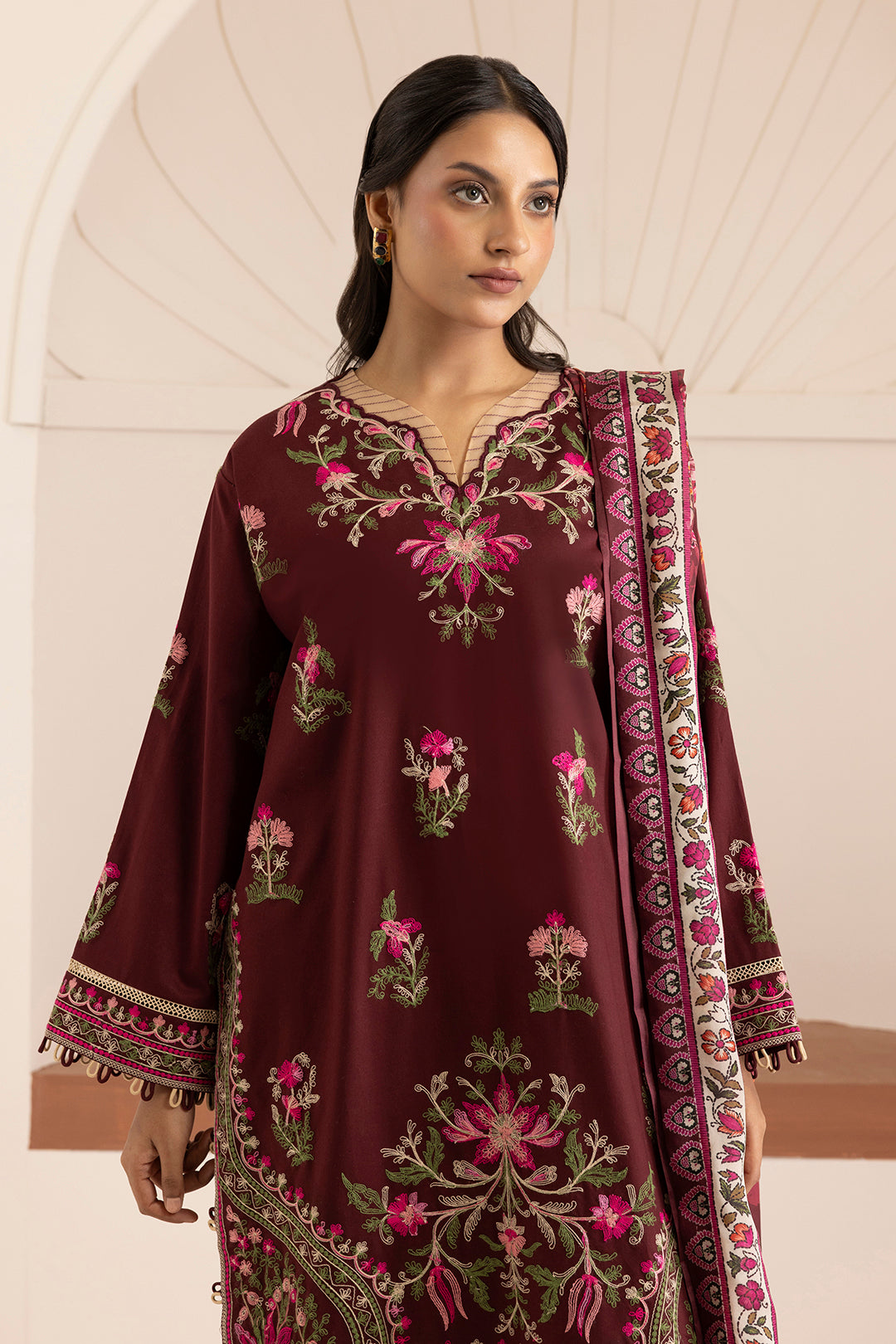 Zellbury maroon with pink and green floral embroidery unstitched suit WUW25E30269 image 4