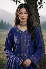 Zellbury royal blue Khaddar shirt embroidery detail