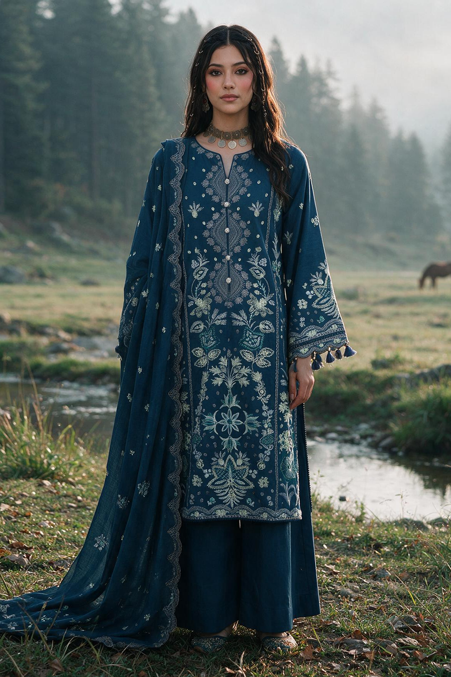 Zellbury navy blue embroidered Khaddar 3 piece suit WUWQ1E30345
