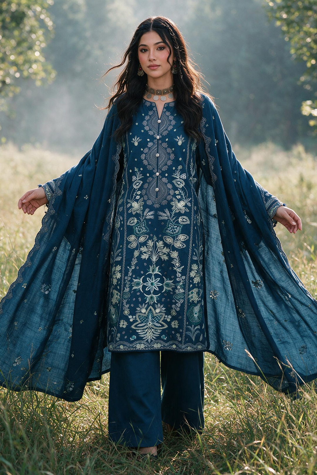 Zellbury navy blue embroidered suit with shawl