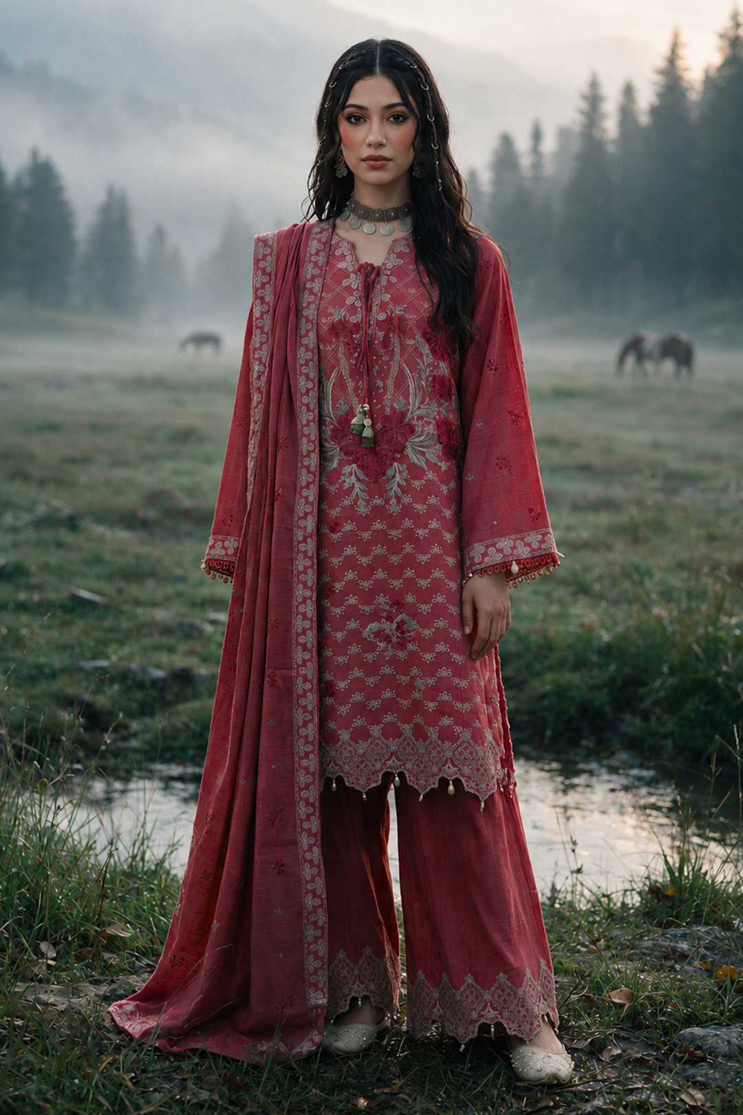 Zellbury dusty rose embroidered Khaddar suit