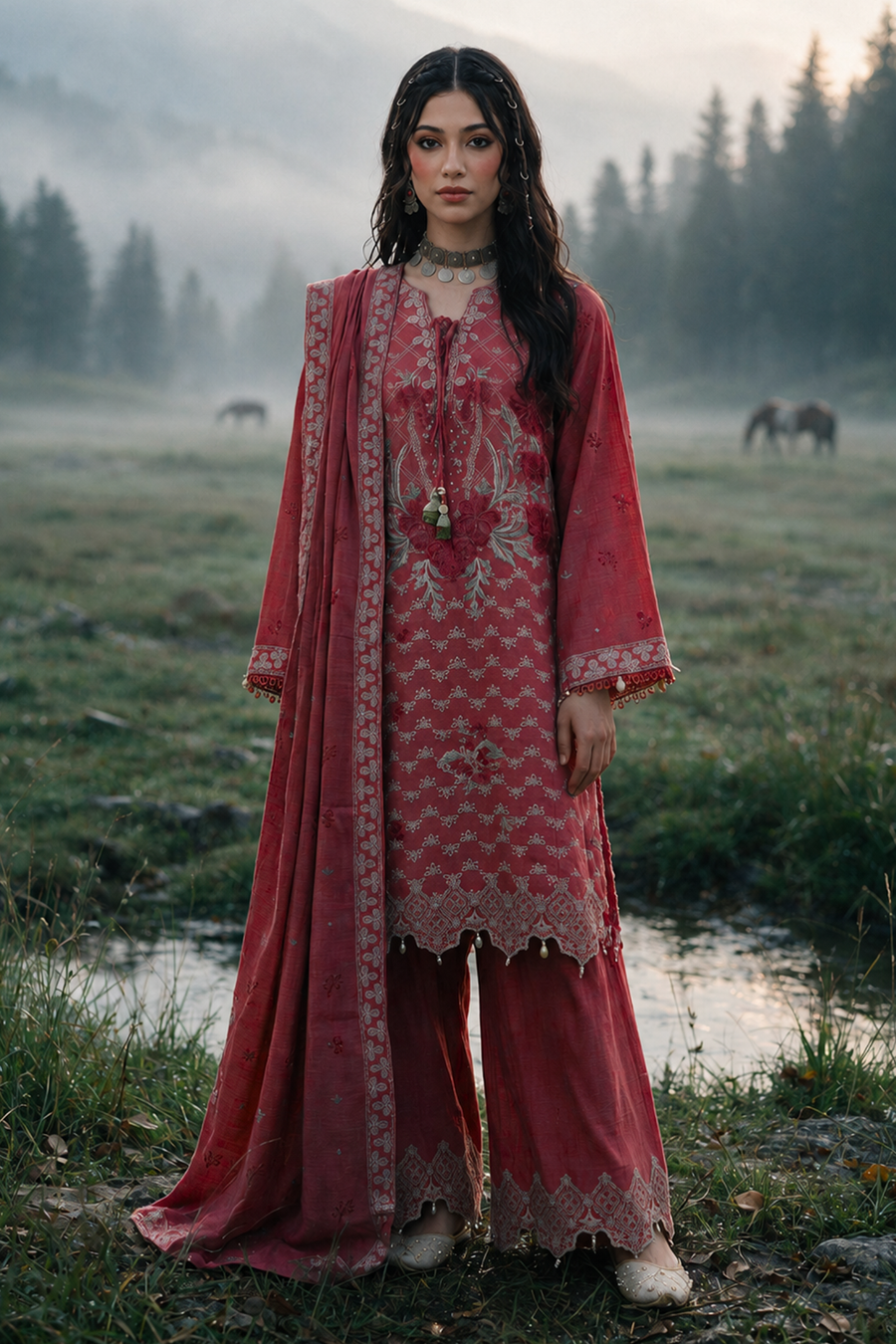 Zellbury dusty rose embroidered Khaddar suit