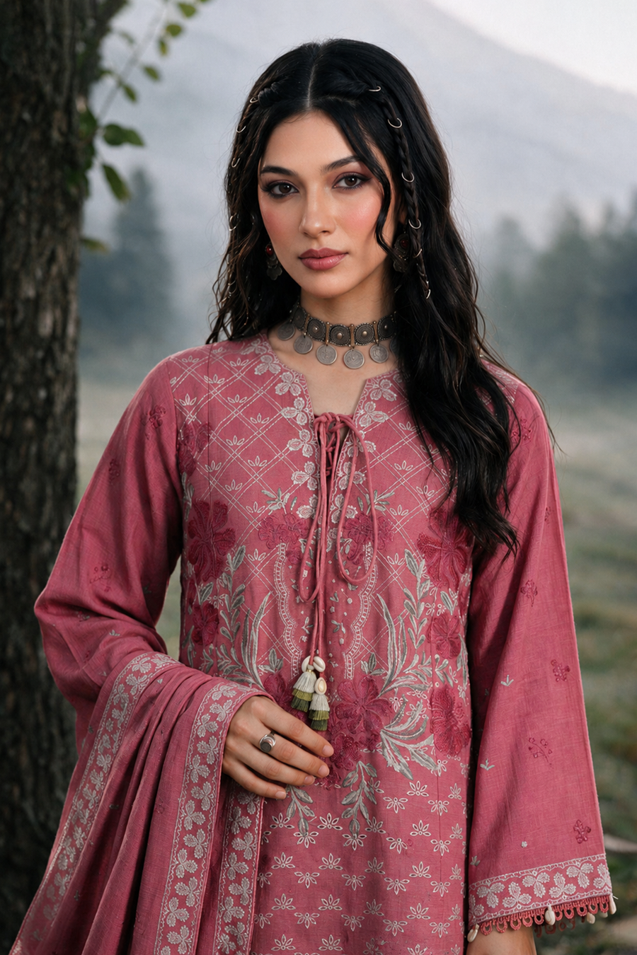 Zellbury dusty rose Khaddar embroidery detail