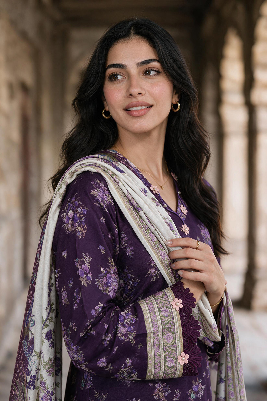 Zellbury purple with lilac floral print unstitched 3 piece suit WUWQ1X30113 image 1