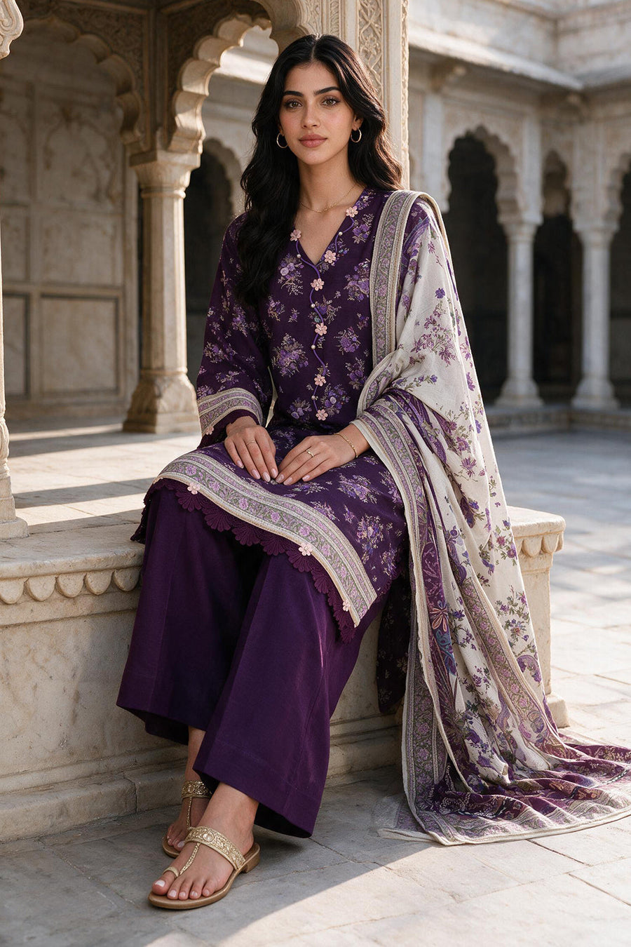 Zellbury purple with lilac floral print unstitched 3 piece suit WUWQ1X30113 image 2