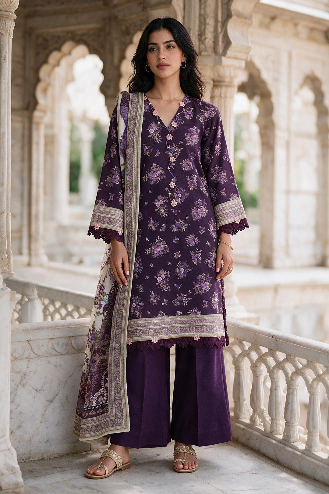 Zellbury purple with lilac floral print unstitched 3 piece suit WUWQ1X30113 image 4