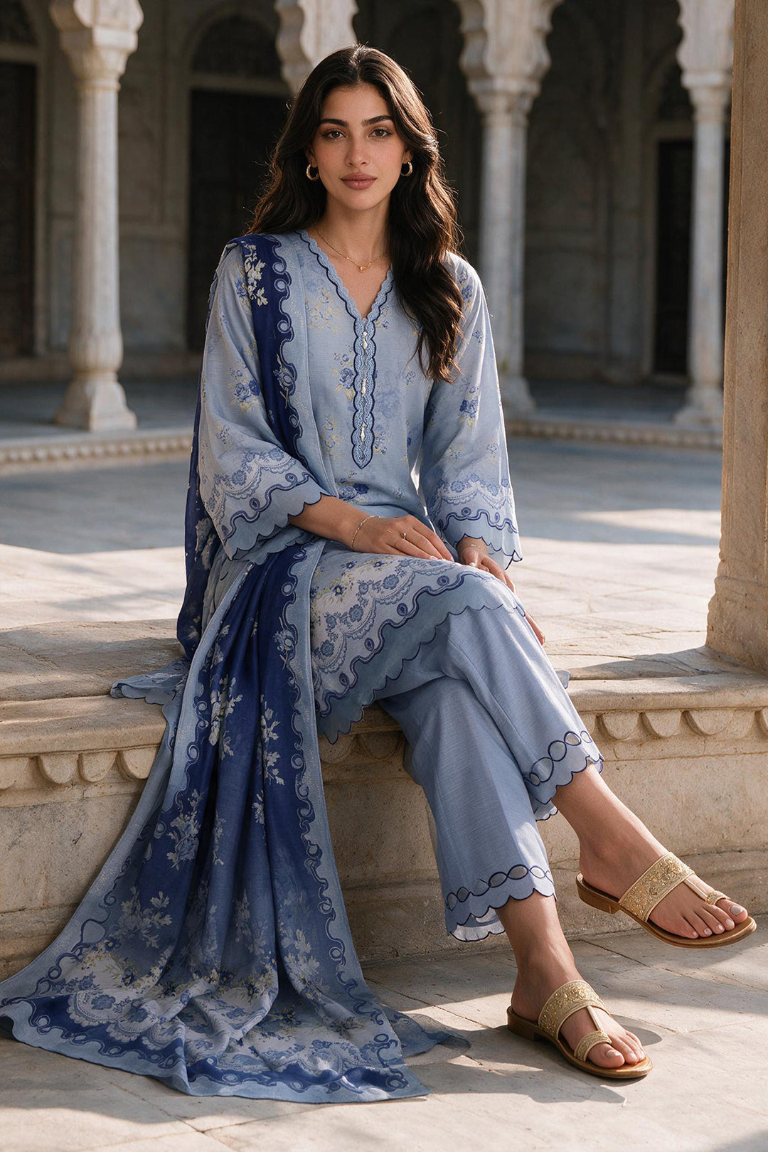 Zellbury light blue with navy blue floral accents unstitched 3 piece suit WUWQ1X30114 image 2