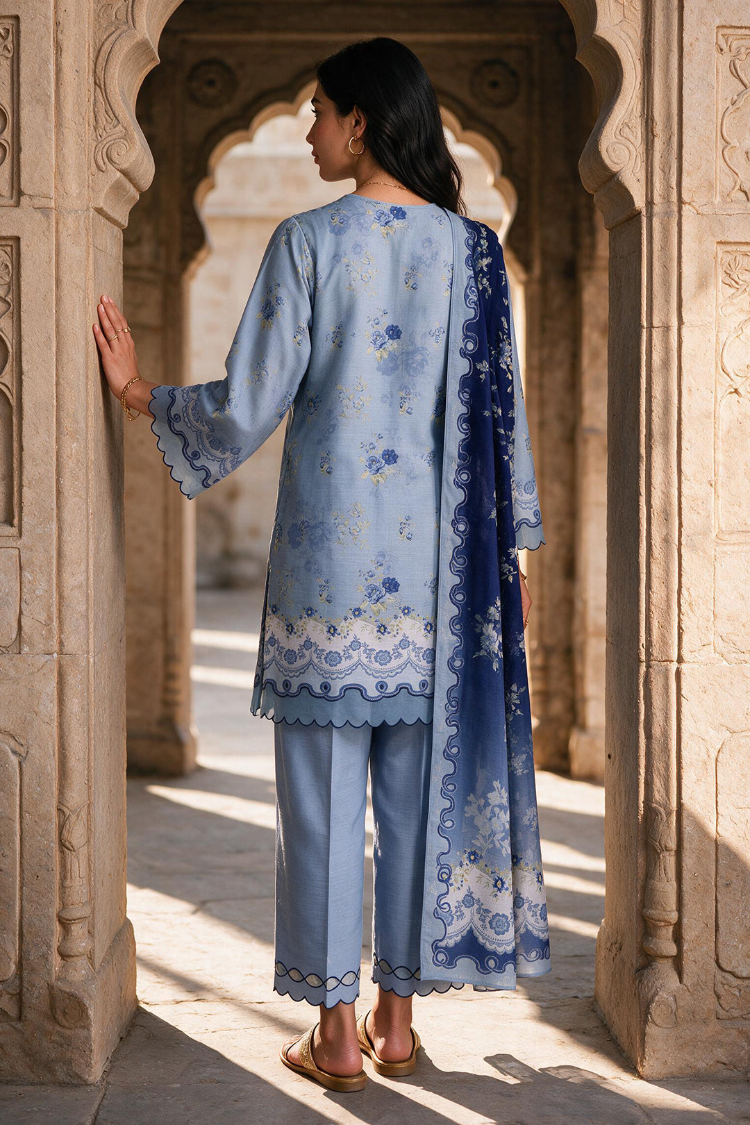 Zellbury light blue with navy blue floral accents unstitched 3 piece suit WUWQ1X30114 image 5