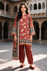 Zellbury rust red with cream and dark floral accents unstitched 3 piece suit WUWQ1X30115 image 1