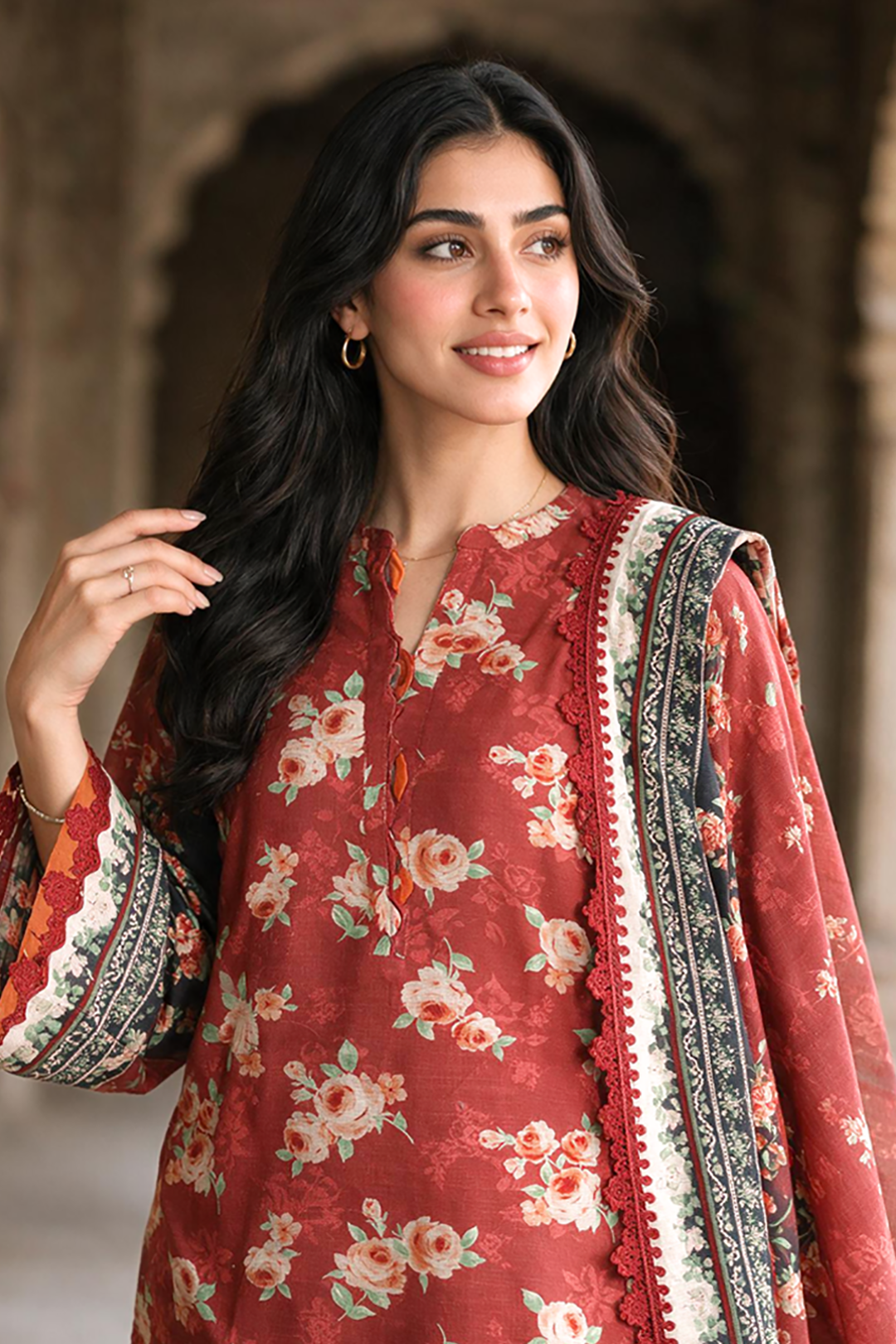 Zellbury rust red with cream and dark floral accents unstitched 3 piece suit WUWQ1X30115 image 2