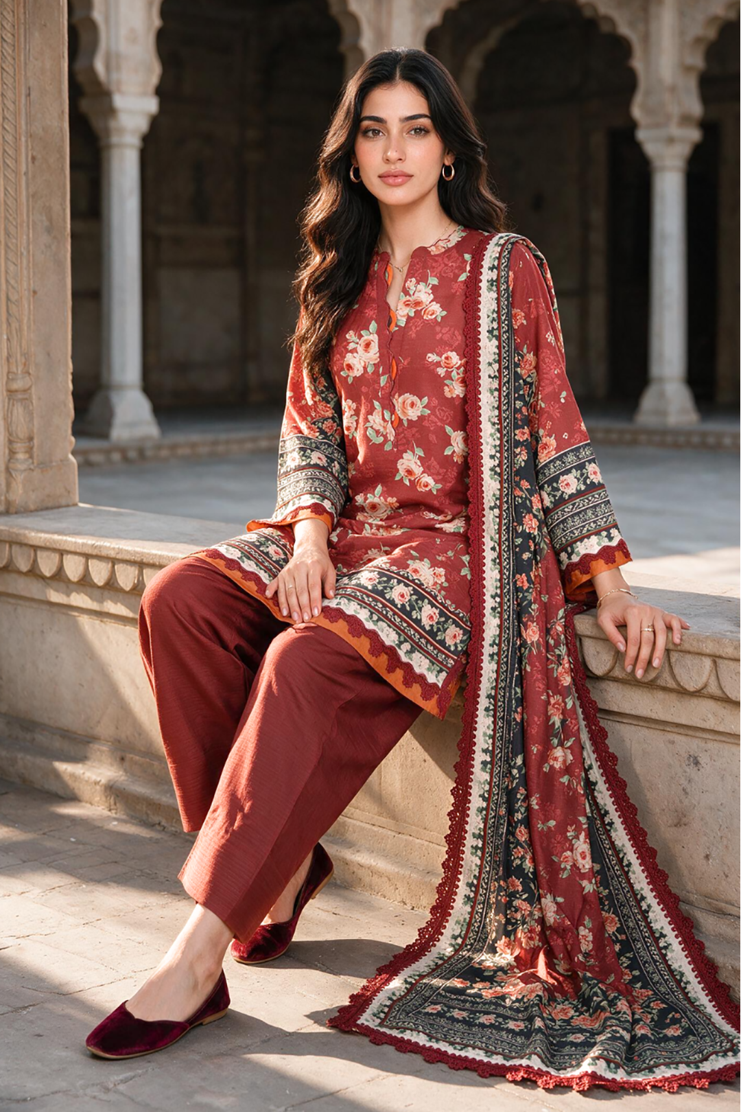 Zellbury rust red with cream and dark floral accents unstitched 3 piece suit WUWQ1X30115 image 3