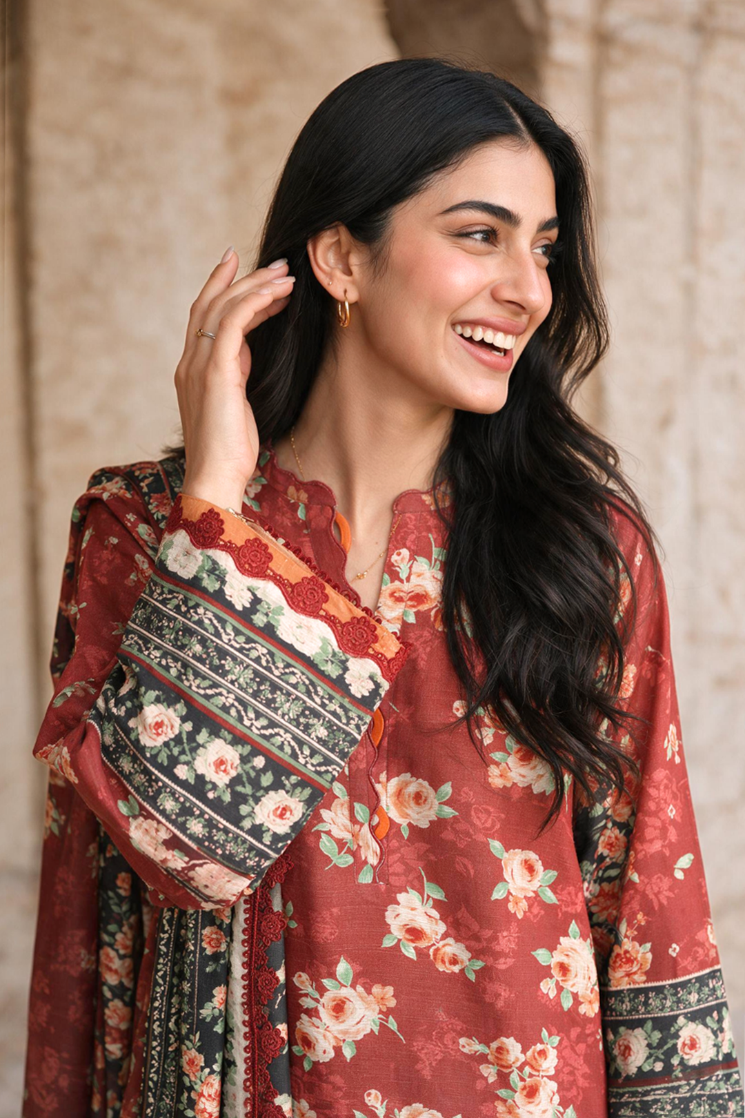 Zellbury rust red with cream and dark floral accents unstitched 3 piece suit WUWQ1X30115 image 4