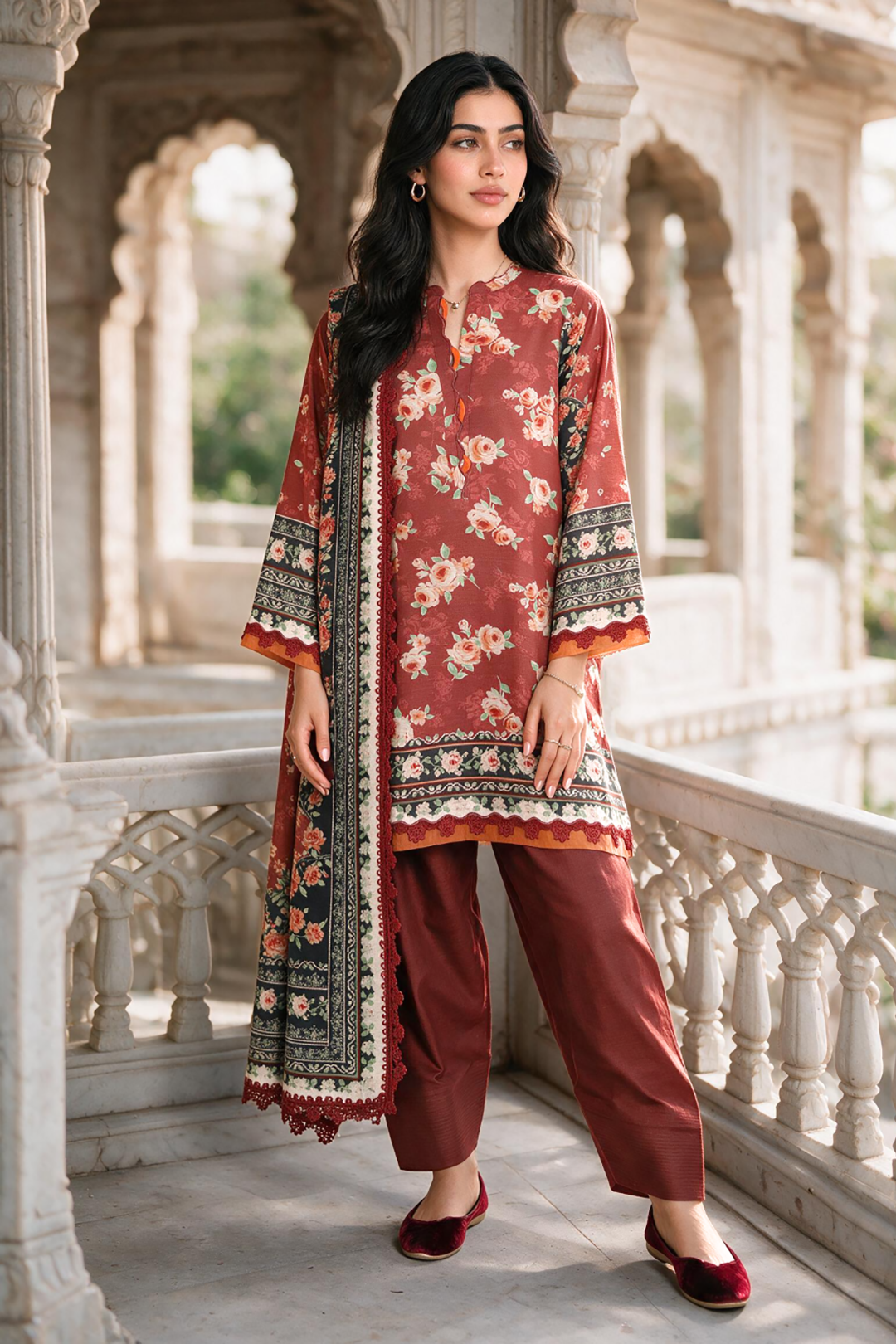 Zellbury rust red with cream and dark floral accents unstitched 3 piece suit WUWQ1X30115 image 5