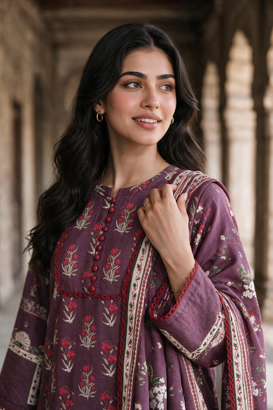 Zellbury mauve purple with red floral print unstitched 3 piece suit WUWQ1X30117 image 1