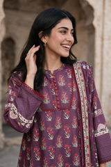Zellbury mauve purple with red floral print unstitched 3 piece suit WUWQ1X30117 image 3