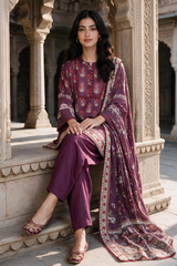 Zellbury mauve purple with red floral print unstitched 3 piece suit WUWQ1X30117 image 5