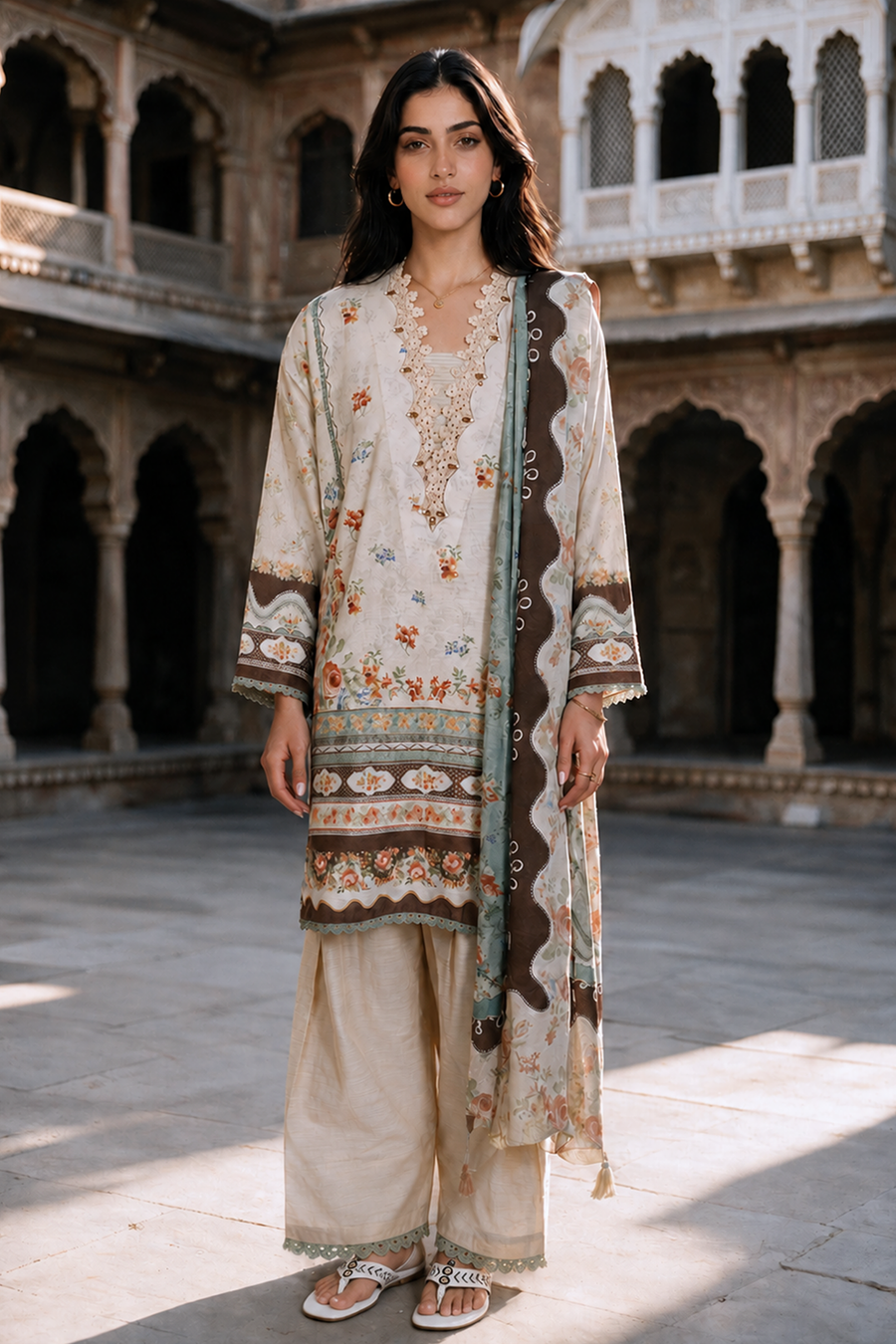 Zellbury cream floral printed Khaddar 3 piece unstitched suit WUWQ1X30129, image 1
