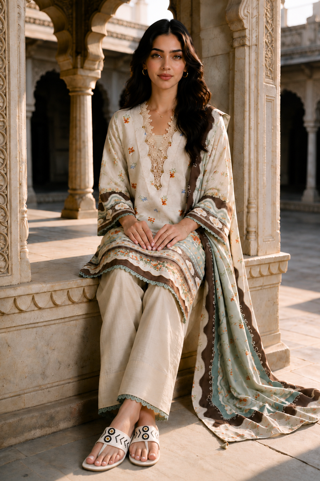 Zellbury cream floral printed Khaddar 3 piece unstitched suit WUWQ1X30129, image 3
