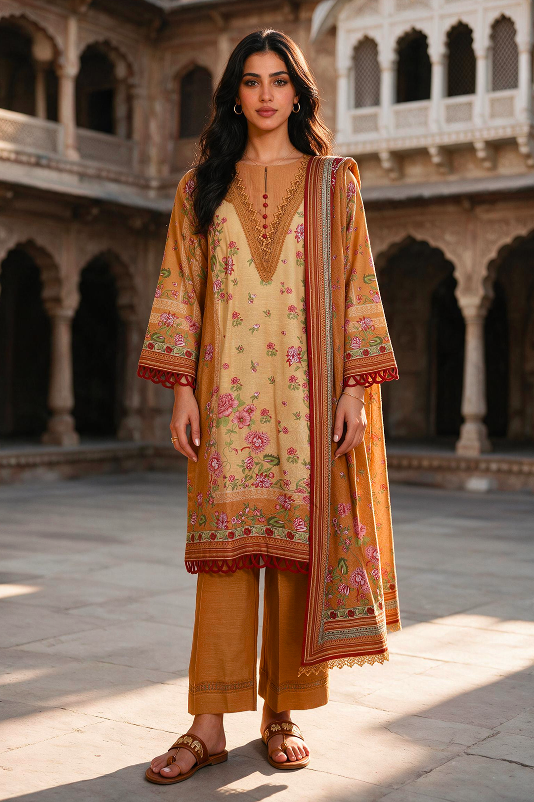 Zellbury mustard and tan with pink floral print unstitched 3 piece suit WUWQ1X30133 image 1