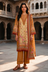 Zellbury mustard and tan with pink floral print unstitched 3 piece suit WUWQ1X30133 image 1