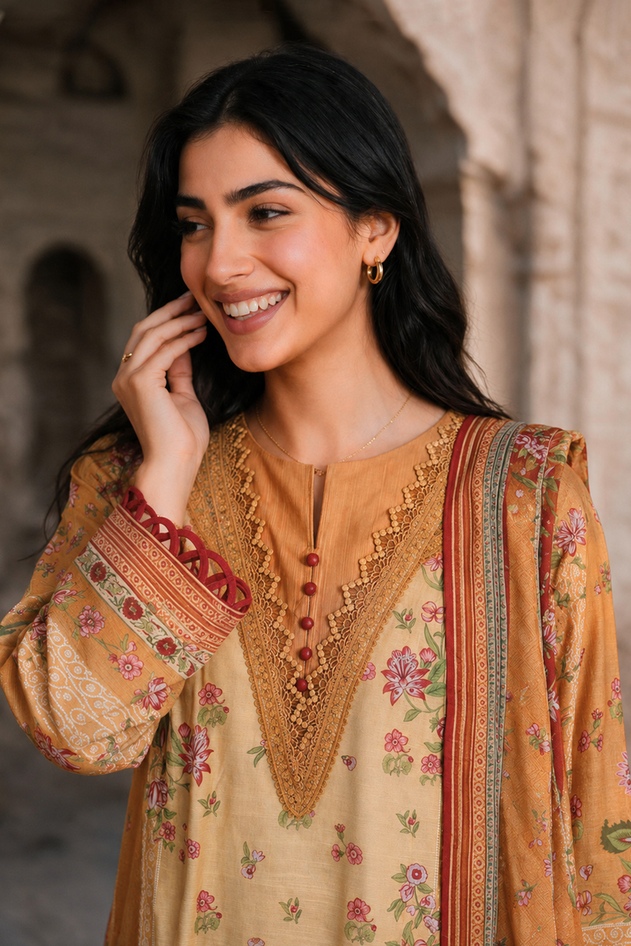 Zellbury mustard and tan with pink floral print unstitched 3 piece suit WUWQ1X30133 image 2