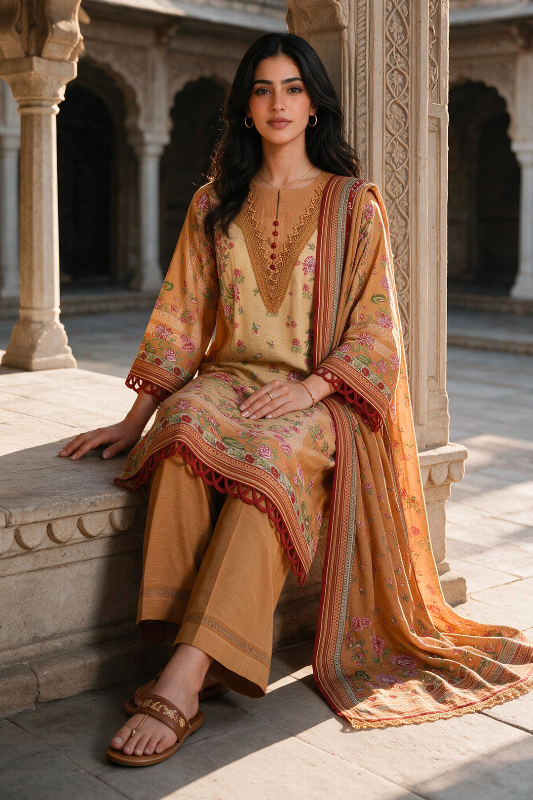 Zellbury mustard and tan with pink floral print unstitched 3 piece suit WUWQ1X30133 image 3