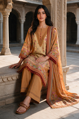 Zellbury mustard and tan with pink floral print unstitched 3 piece suit WUWQ1X30133 image 3