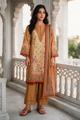 Zellbury mustard and tan with pink floral print unstitched 3 piece suit WUWQ1X30133 image 5