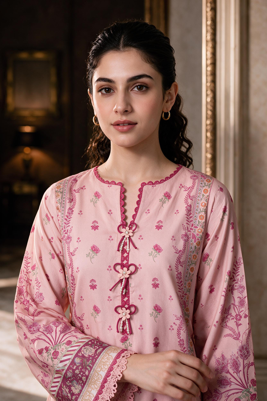 Zellbury pink printed Linen shirt detail