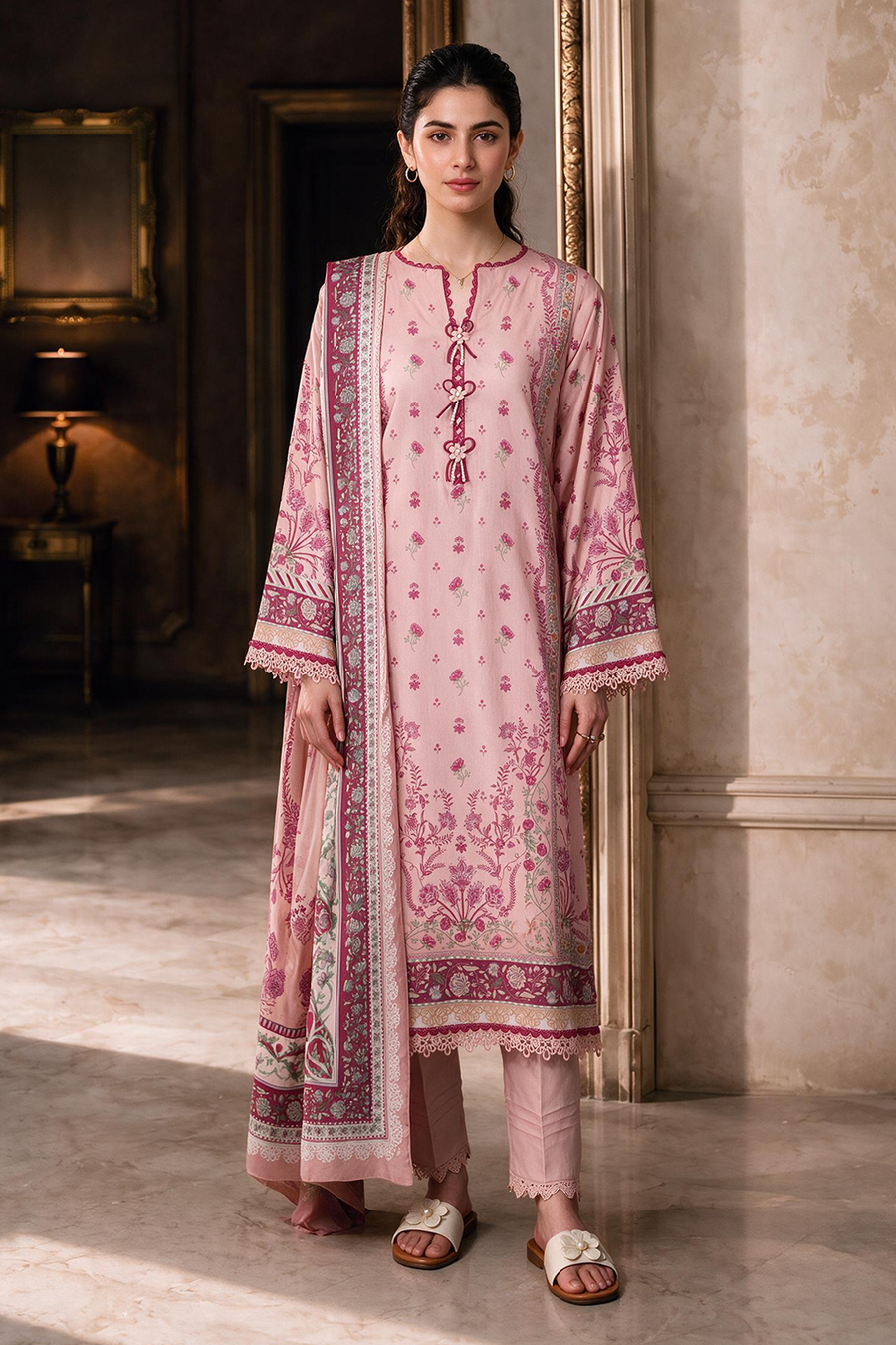 Zellbury pink printed Linen 3 piece suit