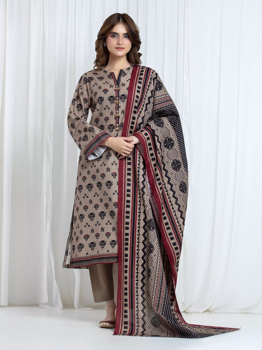 Edenrobe Khaki Printed Khaddar Suit – 3 Piece Unstitched