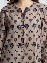 Edenrobe Khaki Printed Khaddar Suit – 3 Piece Unstitched