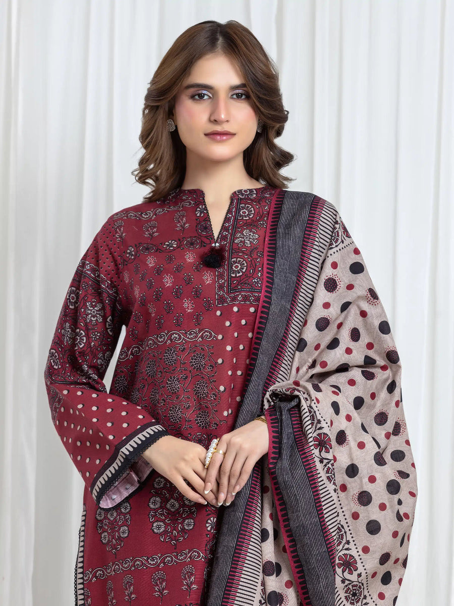 Edenrobe Maroon Printed Khaddar Suit EWU6A3-37107-3P image 2