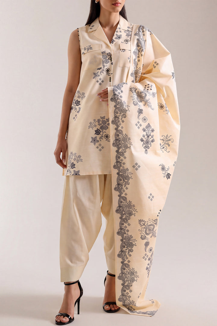 SAYA Printed Khaddar 3 Piece – Ivory | U04-26675-P01B