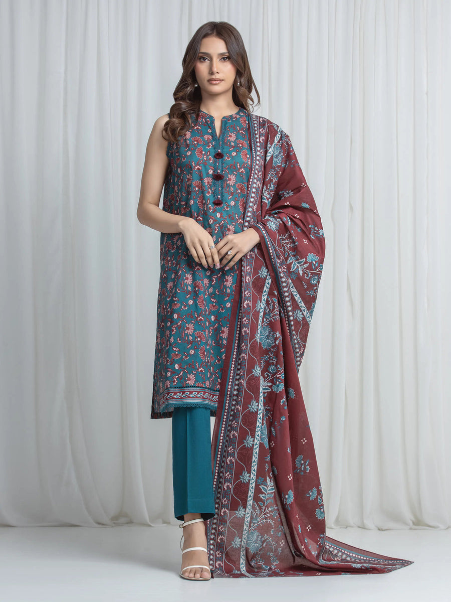 Edenrobe Teal Printed Khaddar Suit EWU6A3-37021-3P image 1