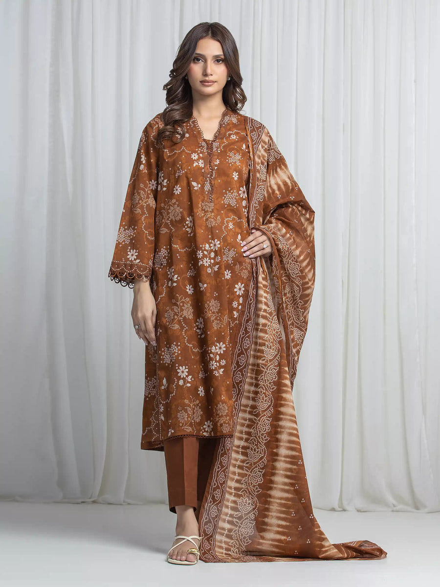 Edenrobe Brown Printed Khaddar Suit EWU6A3-37013-3P image 1