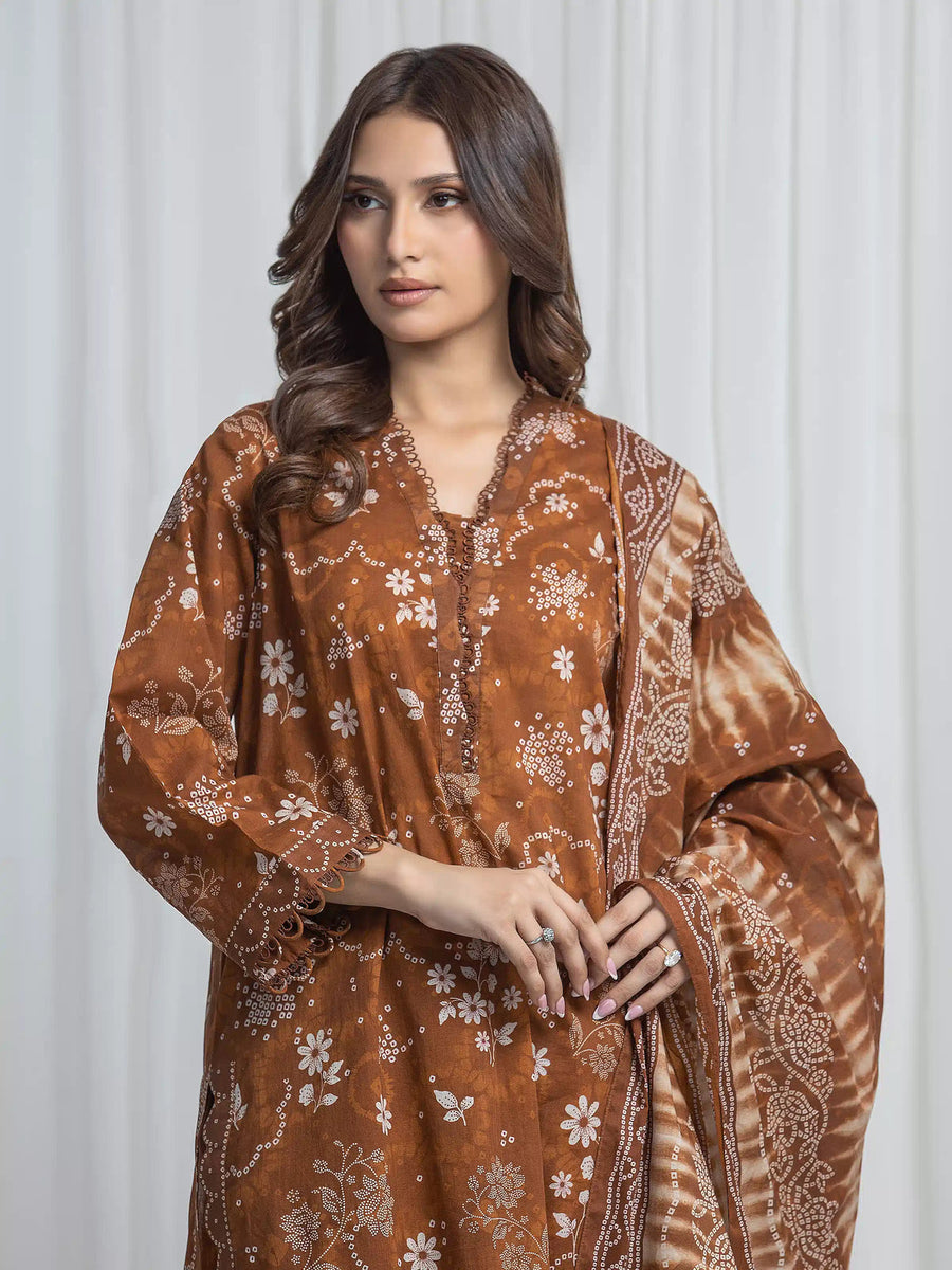 Edenrobe Brown Printed Khaddar Suit EWU6A3-37013-3P image 2