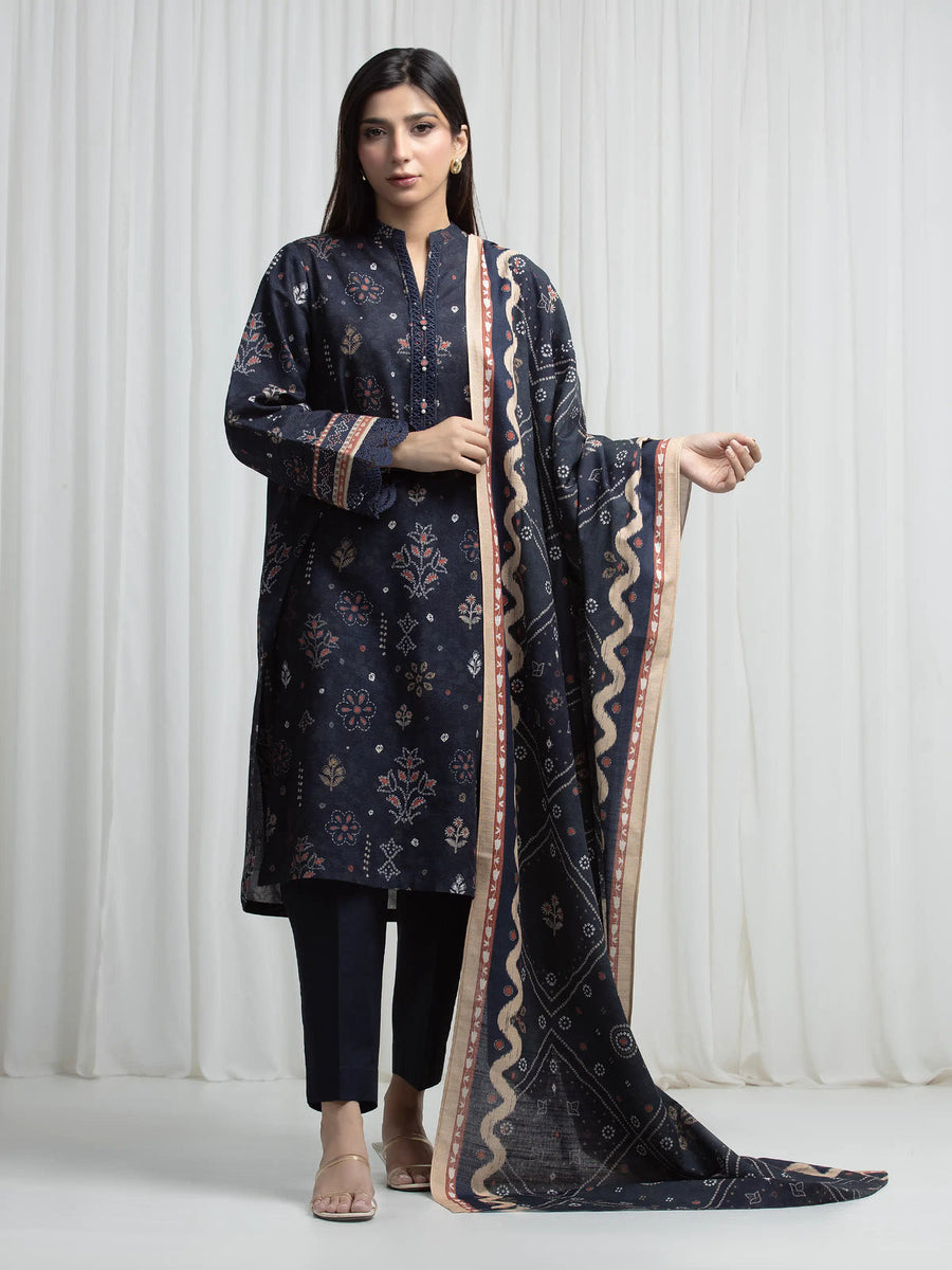 Edenrobe Navy Printed Khaddar Suit EWU6A3-37007-3P image 1