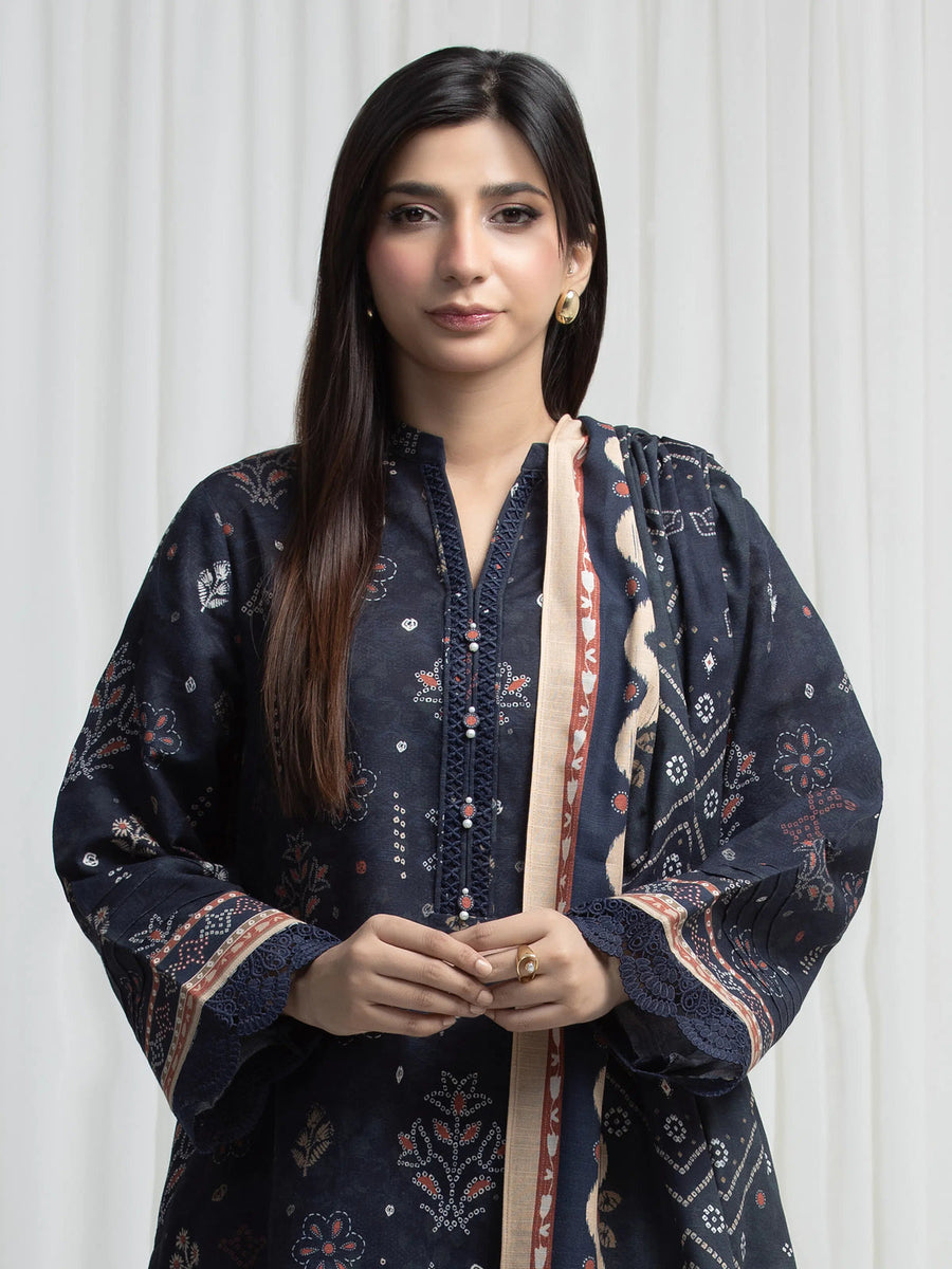 Edenrobe Navy Printed Khaddar Suit EWU6A3-37007-3P image 2