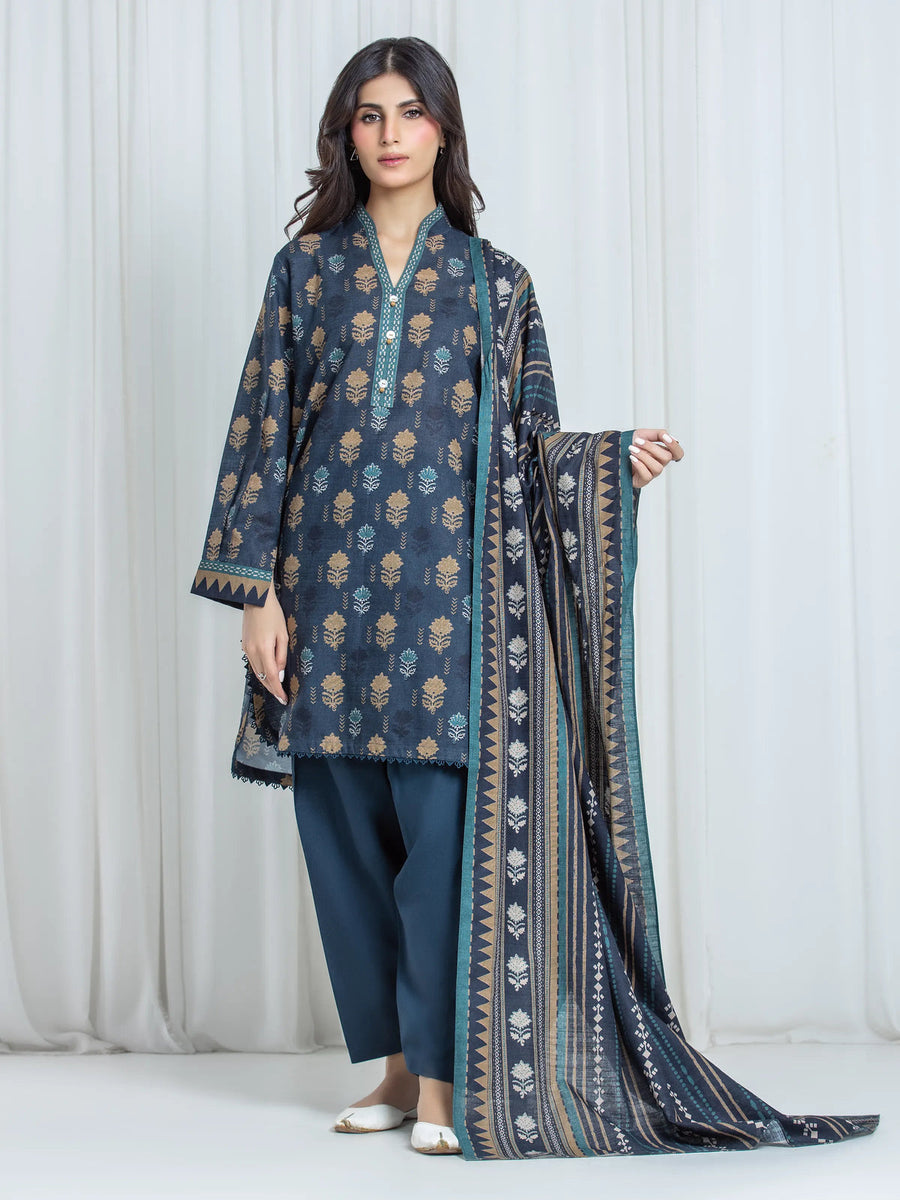 Edenrobe Charcoal Printed Khaddar Suit EWU6A3-37056-3P image 1