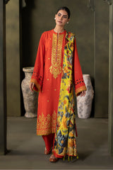 Zellbury Orange Red Viscose Embroidered Unstitched Suit WUW24E30242 image 2