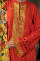 Zellbury Orange Red Viscose Embroidered Unstitched Suit WUW24E30242 image 4