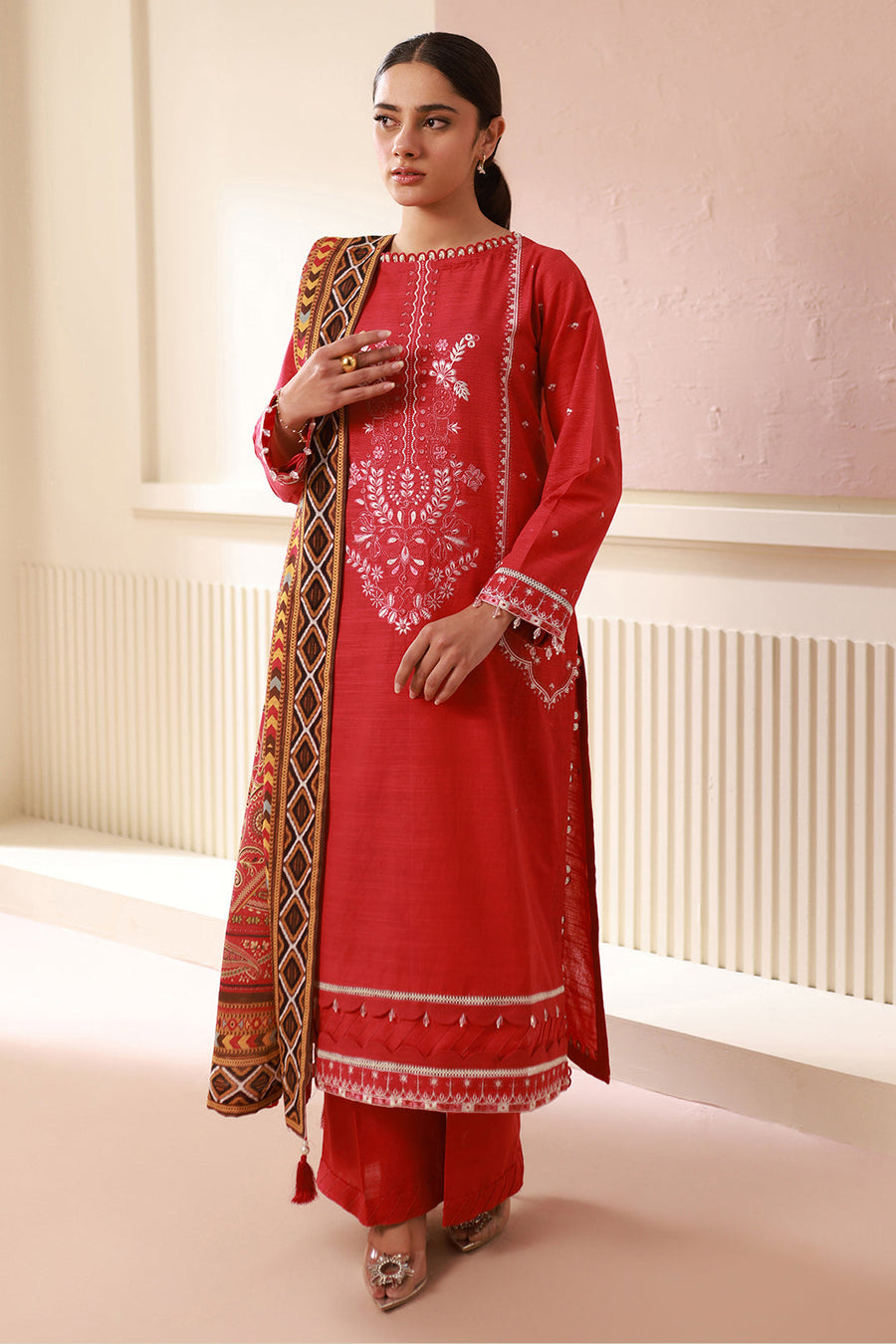 Zellbury Red Embroidered Khaddar Unstitched Suit WUW24E30486 image 2
