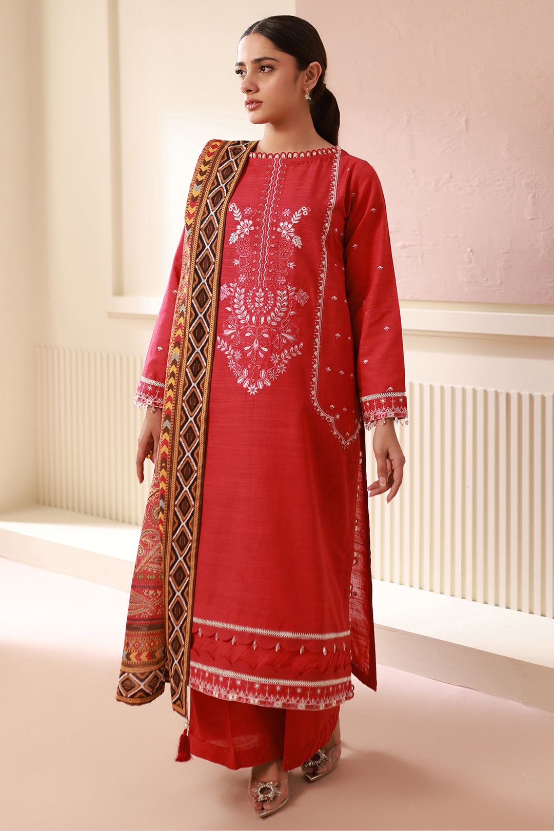 Zellbury Red Embroidered Khaddar Unstitched Suit WUW24E30486 image 3