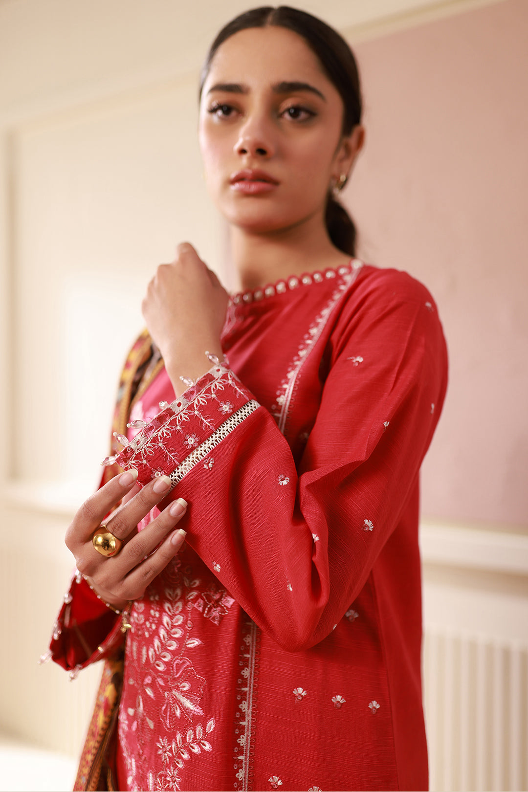 Zellbury Red Embroidered Khaddar Unstitched Suit WUW24E30486 image 4