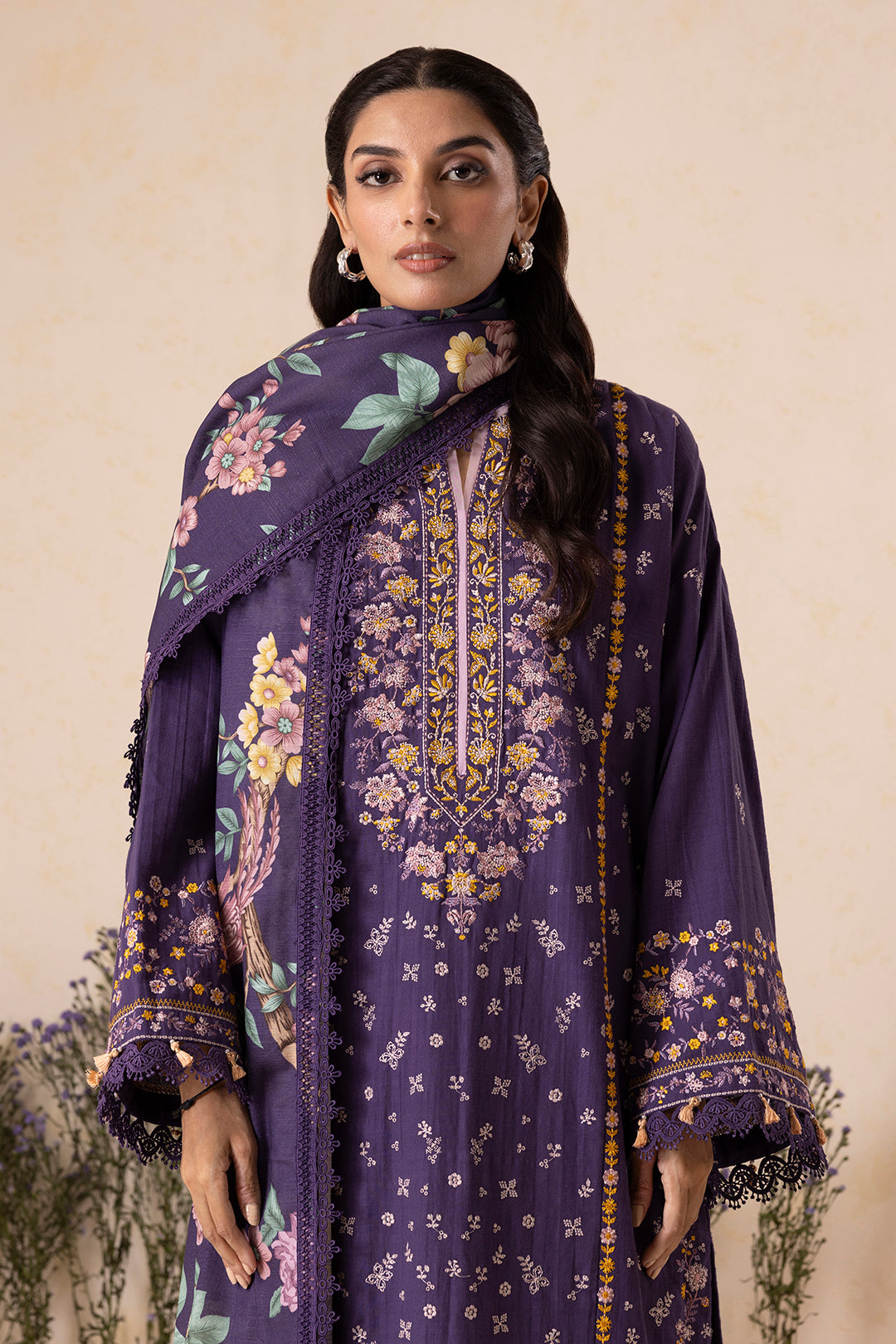 Zellbury Purple Embroidered Khaddar Unstitched Suit WUW25E30173 image 1