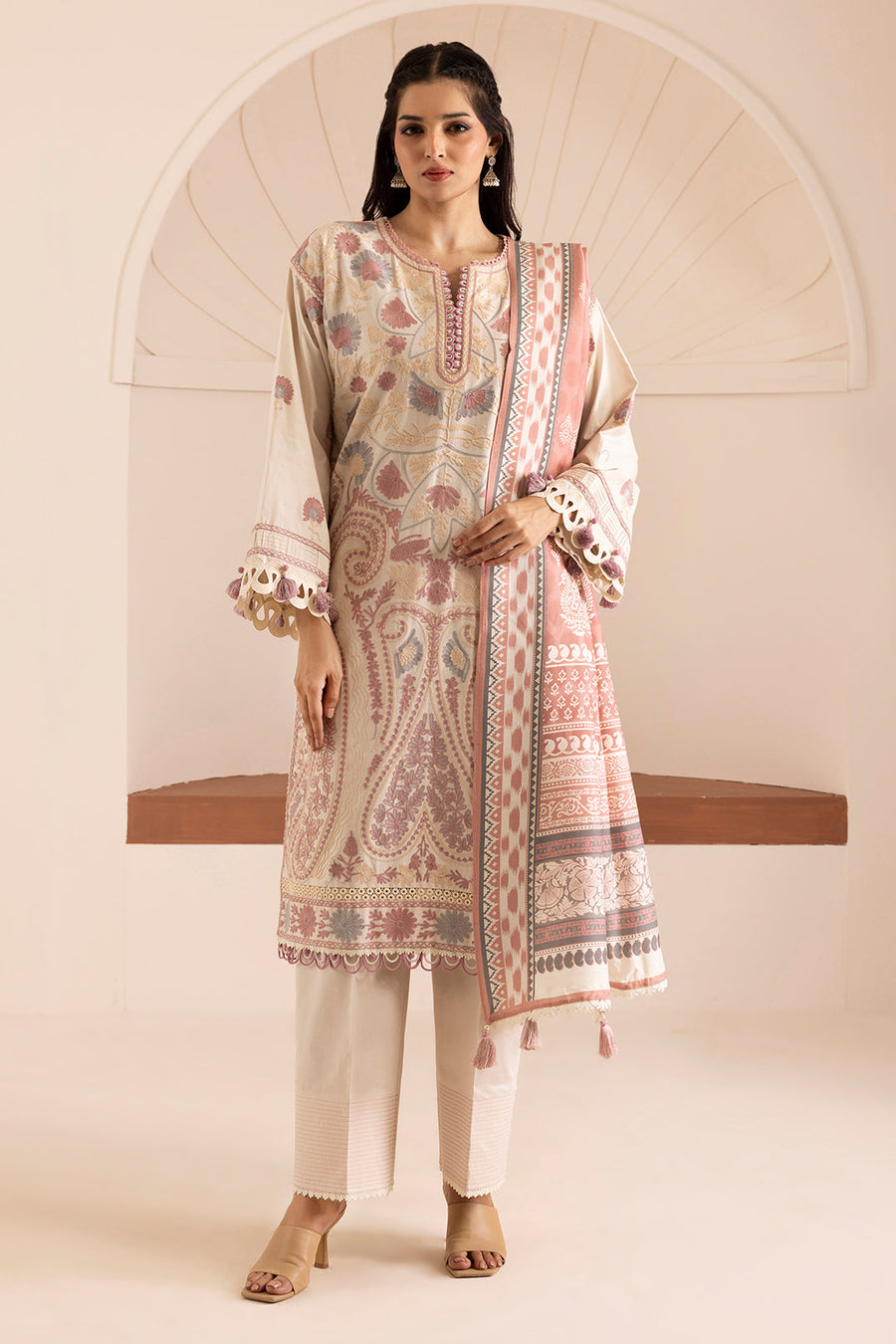 Zellbury Off White Cotton Satin Embroidered Unstitched Suit WUW25E30267 image 2