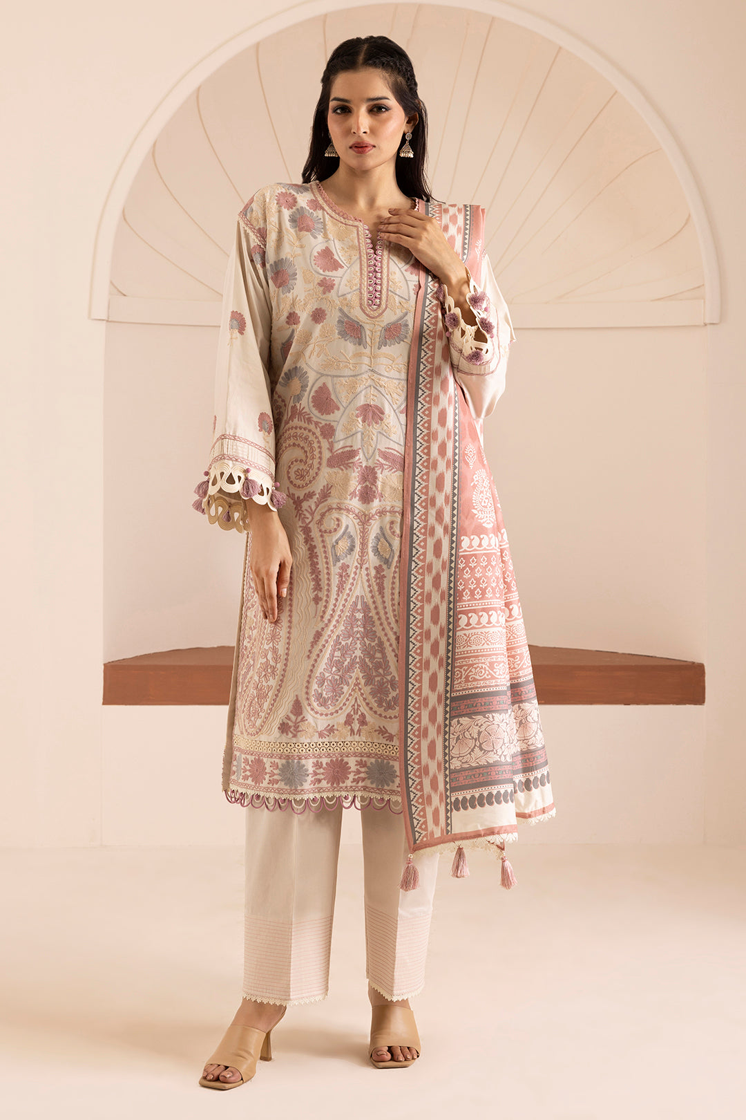 Zellbury Off White Cotton Satin Embroidered Unstitched Suit WUW25E30267 image 5