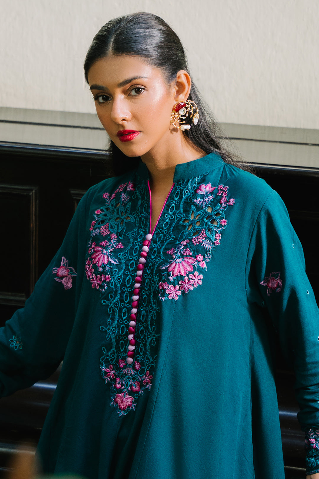 Zellbury teal viscose embroidered 3 piece suit front look