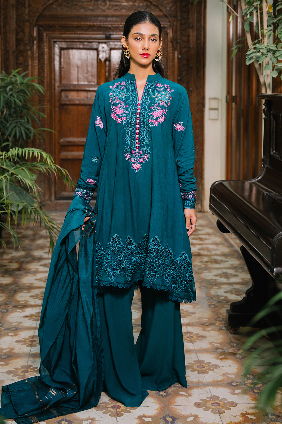 Zellbury teal viscose embroidered shirt and shalwar dupatta